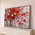 Quadro Decorativo Grande Bétulas com Folhas para Sala | quadros decorativos para sala | árvores de bétula com folhas vermelhas e laranjas de outono e dois pássaros pousados | Porao dos Quadros