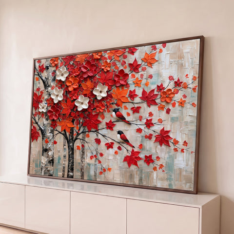 Pintura texturizada de bétulas com flores vermelhas, laranja e brancas e dois pássaros nos galhos, quadro decorativo