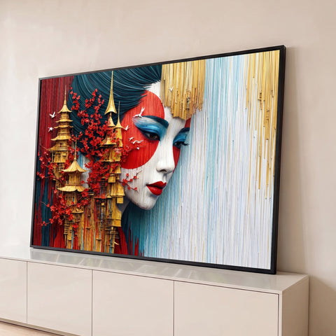 Rosto de gueixa com maquiagem vermelha, pagodes dourados e cerejeira em faixas coloridas, quadro decorativo