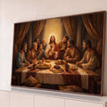 Jesus ergue o cálice entre os apóstolos na Santa Ceia, pintura a óleo em tons marrons, quadro decorativo