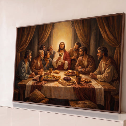 Jesus ergue o cálice entre os apóstolos na Santa Ceia, pintura a óleo em tons marrons, quadro decorativo