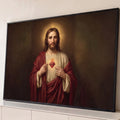 Quadro Decorativo Grande Sagrado Coração Cristo para Sala | quadros decorativos para sala | Jesus Cristo apontando para o Sagrado Coração em chamas com coroa de espinhos | Porao dos Quadros