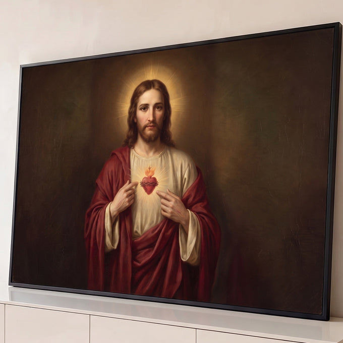 Quadro Decorativo Grande Sagrado Coração Cristo para Sala | quadros decorativos para sala | Jesus Cristo apontando para o Sagrado Coração em chamas com coroa de espinhos | Porao dos Quadros
