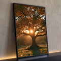 Quadro Decorativo Árvore Dourada ao Pôr do Sol | quadros decorativos para sala | árvore de folhas douradas em contraluz com o sol atrás do tronco ao entardecer | Porao dos Quadros