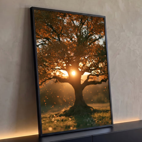 Quadro Decorativo Árvore Dourada ao Pôr do Sol | quadros decorativos para sala | árvore de folhas douradas em contraluz com o sol atrás do tronco ao entardecer | Porao dos Quadros