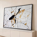 Quadro Decorativo Grande Abstrato e Dourado para Sala Preto | quadros decorativos para sala | abstrato com linhas e respingos pretos e dourados sobre fundo branco texturizado | Porao dos Quadros