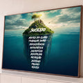 Ilha verde com árvores sobre o mar e frases motivacionais do sucesso submersas, quadro decorativo