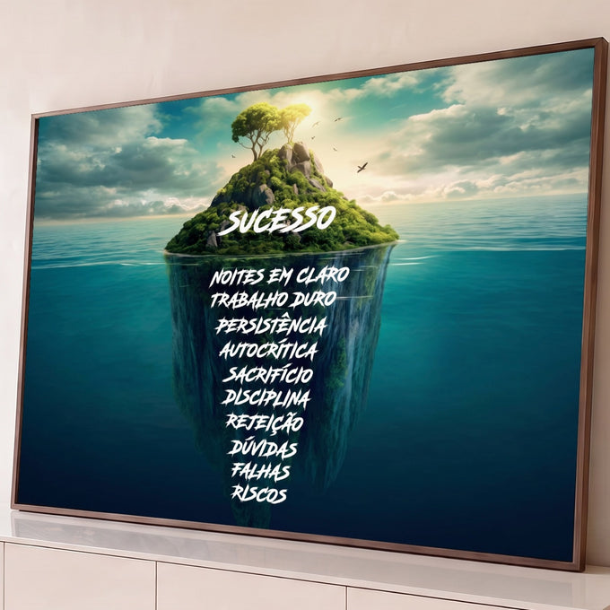 Ilha verde com árvores sobre o mar e frases motivacionais do sucesso submersas, quadro decorativo
