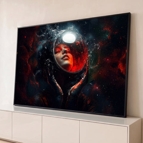 Mulher de olhos fechados em capacete espacial refletindo nebulosa vermelha no espaço, quadro decorativo