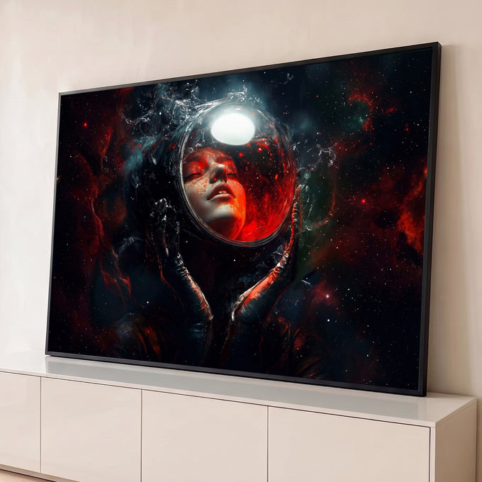 Mulher de olhos fechados em capacete espacial refletindo nebulosa vermelha no espaço, quadro decorativo