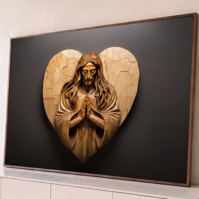 Quadro Decorativo Grande Jesus Madeira Entalhada para Sala | quadros decorativos para sala | entalhe em madeira de Jesus em oração dentro de formato de coração | Porao dos Quadros