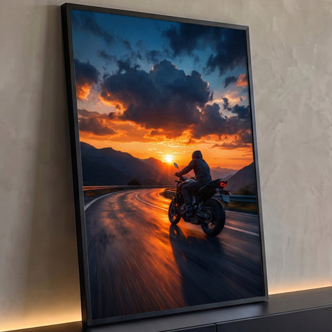 Motociclista em curva de estrada na montanha ao pôr do sol com céu laranja e nuvens, quadro decorativo