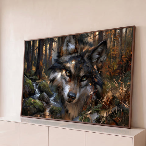 Lobo de olhos âmbar junto a riacho com pedras e musgo na floresta de outono, em óleo, quadro decorativo
