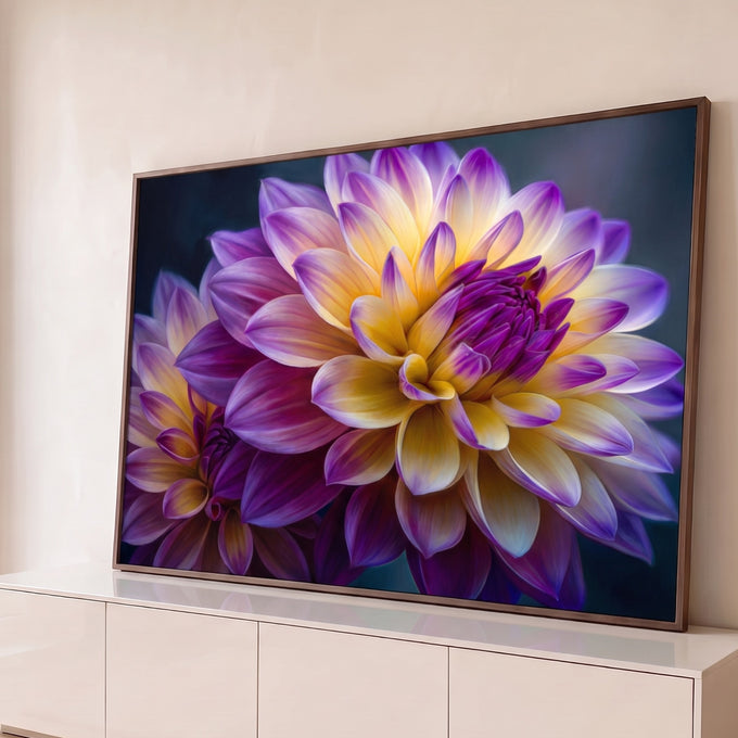 Quadro Decorativo Grande Dália Roxa e Amarela para Sala Roxo | quadros decorativos para sala | close de dália roxa e amarela com pétalas em degradê e botão central fechado | Porao dos Quadros