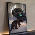 Quadro Decorativo Grande Pantera e Carro para Sala Preto | quadros decorativos para sala | pantera negra caminhando diante de carro esportivo preto com faróis verde neon | Porao dos Quadros