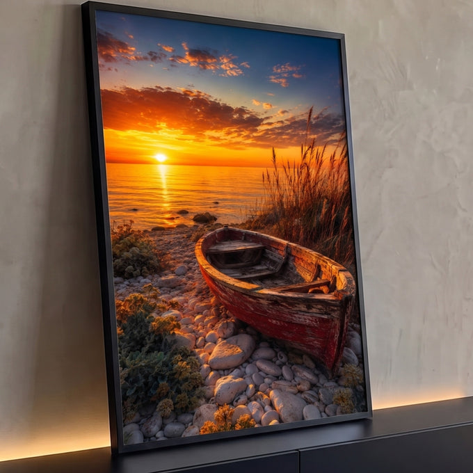 Barco de madeira vermelho em praia de pedras com capim e pôr do sol laranja sobre o mar, quadro decorativo