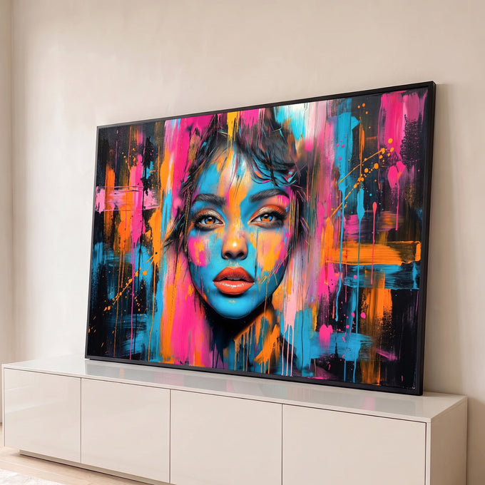 Quadro Decorativo Grande Retrato Feminino Azul para Sala | quadros decorativos para sala | rosto feminino pintado em azul laranja e rosa com tinta escorrida ao fundo | Porao dos Quadros