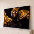 Quadro Decorativo Grande Mulher com Turbante para Sala | quadros decorativos para sala | mulher negra de olhos fechados com turbante e maquiagem dourada sobre fundo preto | Porao dos Quadros
