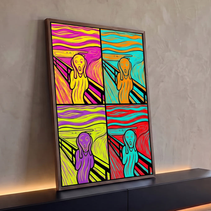 Quadro Decorativo Grande Grito de Munch Sala para Sala Rosa | quadros decorativos para sala | figura gritando em quatro paletas pop art vibrantes inspirada em O Grito | Porao dos Quadros