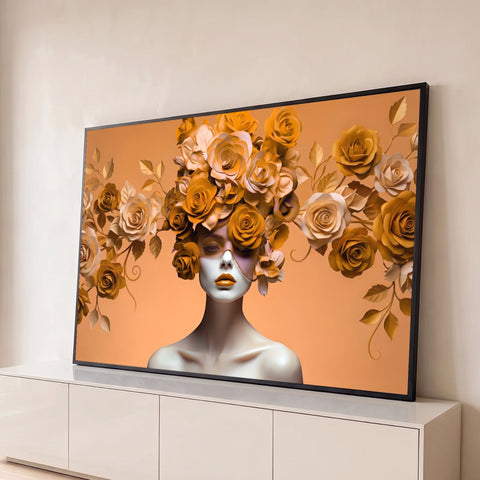 Mulher com rosas laranja e douradas cobrindo a cabeça e um olho sobre fundo laranja, quadro decorativo