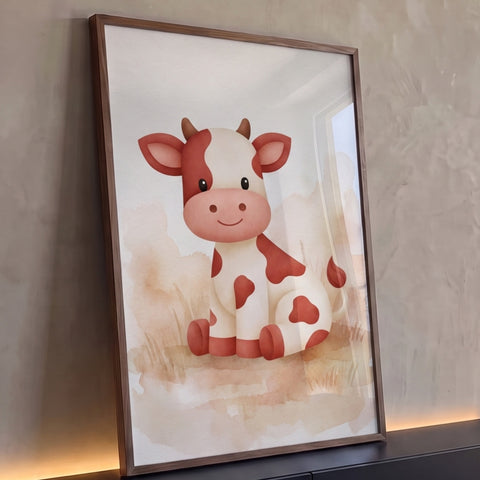 Vaquinha fofa sentada com manchas terracota sobre fundo aquarela bege, ilustração infantil, quadro decorativo