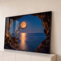 Quadro Decorativo Grande Lua Cheia Dourada para Sala Azul | quadros decorativos para sala | lua cheia dourada emoldurada por árvore seca e caverna, refletida no mar | Porao dos Quadros