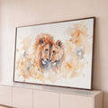 Quadro Decorativo Grande Casal de Leões Laranja para Sala | quadros decorativos para sala | leão e leoa encostando as cabeças em aquarela com tons terrosos e respingos | Porao dos Quadros