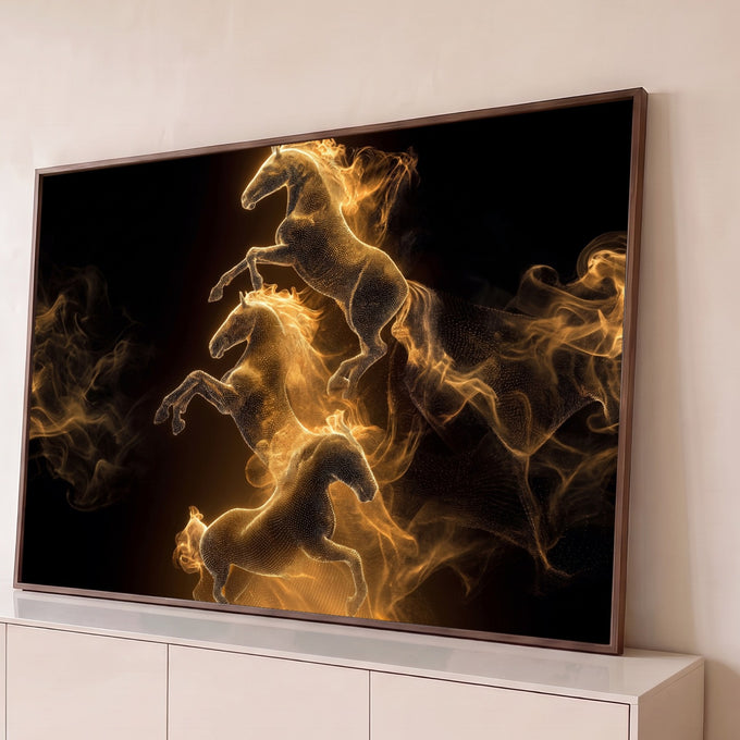 Três cavalos empinados de partículas douradas em meio à fumaça sobre fundo preto, quadro decorativo