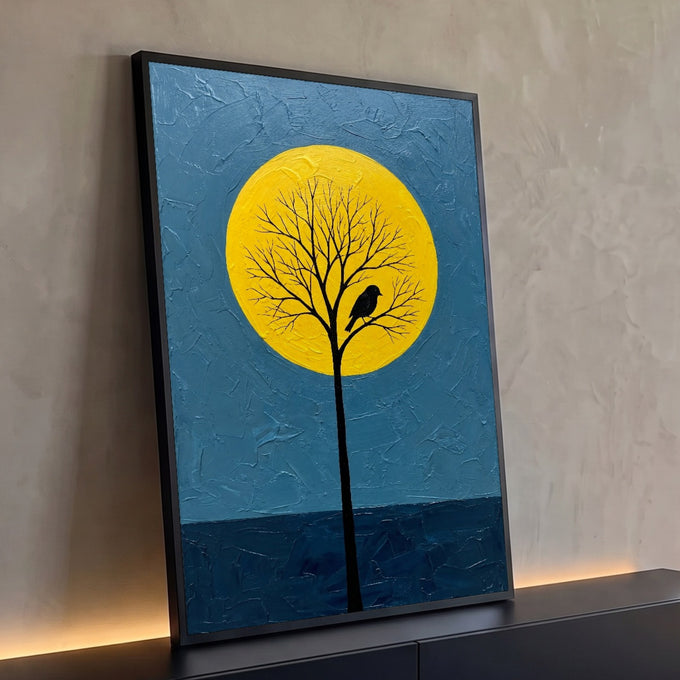 Quadro Decorativo Grande Árvore e Pássaro para Sala Amarelo | quadros decorativos para sala | árvore em silhueta preta com pássaro pousado diante de lua amarela em fundo azul | Porao dos Quadros