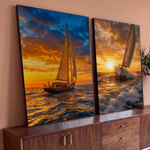 Quadro Decorativo Kit 2 Telas Veleiros para Sala Laranja | quadros decorativos para sala | dois veleiros ao pôr do sol, um em mar calmo e outro cortando ondas fortes | Porao dos Quadros