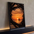 Quadro Decorativo Grande Pôr do Veleiro para Sala | quadros decorativos para sala | pôr do sol alaranjado com veleiro ao mar, emoldurado por galhos escuros de árvore | Porao dos Quadros