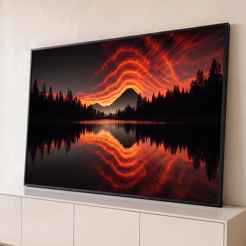 Montanha e pinheiros em silhueta sob ondas de luz vermelha refletidas em lago noturno, quadro decorativo
