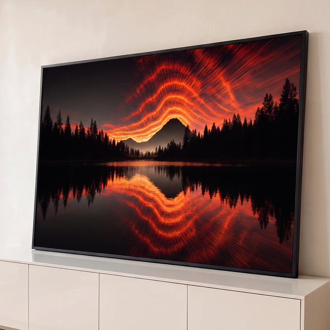 Quadro Decorativo Grande Céu em Chamas para Sala Vermelho | quadros decorativos para sala | céu em ondas vermelhas e laranjas refletido em lago com montanha e pinheiros em silhueta | Porao dos Quadros