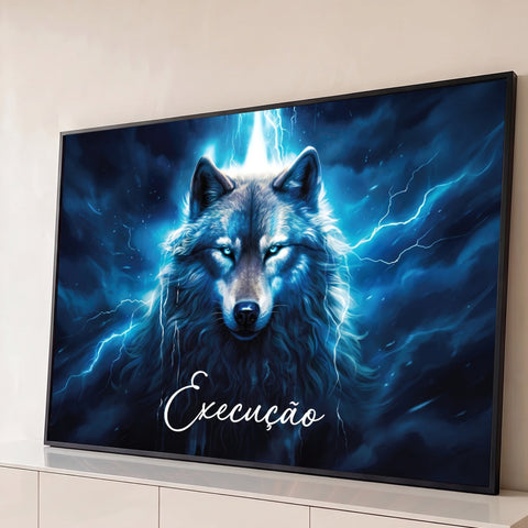 Lobo de olhos azuis entre relâmpagos em céu tempestuoso com a palavra Execução, quadro decorativo