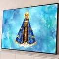 Nossa Senhora Aparecida com coroa dourada e manto azul sobre fundo em aquarela azul, quadro decorativo