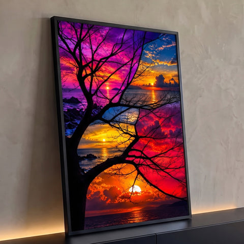 Quadro Decorativo Grande Árvore Silhueta para Sala Roxo | quadros decorativos para sala | árvore em silhueta recortando céu colorido de pôr do sol sobre o mar | Porao dos Quadros