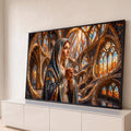 Quadro Decorativo Grande Nossa Senhora Terço para Sala | quadros decorativos para sala | Nossa Senhora em oração com véu azul e dourado diante de vitrais em mosaico | Porao dos Quadros