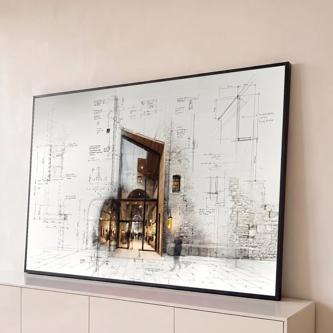 Quadro Decorativo Grande Fachada Moderna para Escritório | quadros decorativos para sala | fachada moderna de vidro e madeira sobreposta a esboço técnico arquitetônico | Porao dos Quadros