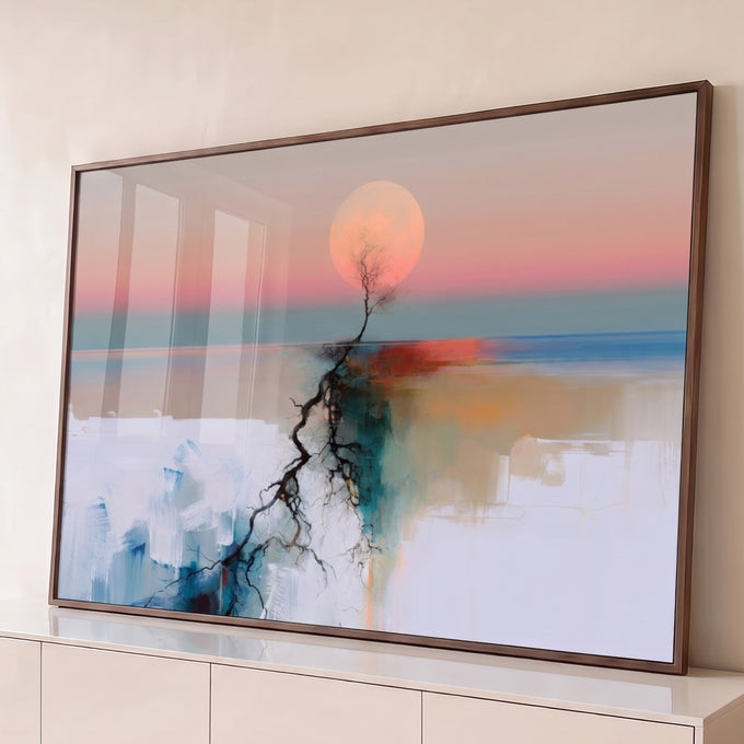 Quadro Decorativo Grande Árvore Solitária para Sala Branco | quadros decorativos para sala | árvore seca sobre penhasco de gelo rachado com lua rosa gigante ao fundo | Porao dos Quadros