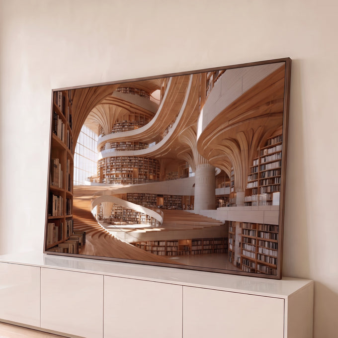 Biblioteca moderna em madeira clara com rampas curvas, estantes de livros e luz natural, quadro decorativo