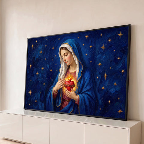 Nossa Senhora de manto azul segurando o coração em chamas sob céu estrelado dourado, quadro decorativo