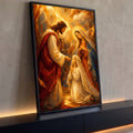 Quadro Decorativo Grande Primeira Comunhão para Sala Dourado | quadros decorativos para sala | Jesus dá comunhão a uma menina ajoelhada ao lado de Nossa Senhora, fundo dourado fragmentado | Porao dos Quadros