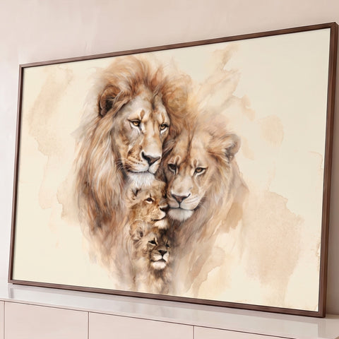 Família de leões em aquarela, casal com dois filhotes de rostos unidos em tons bege, quadro decorativo