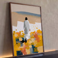 Quadro Decorativo Jesus no Campo Florido Dourado | quadros decorativos para sala | mulher de vestido branco de costas em campo de flores amarelas e colinas azuis | Porao dos Quadros