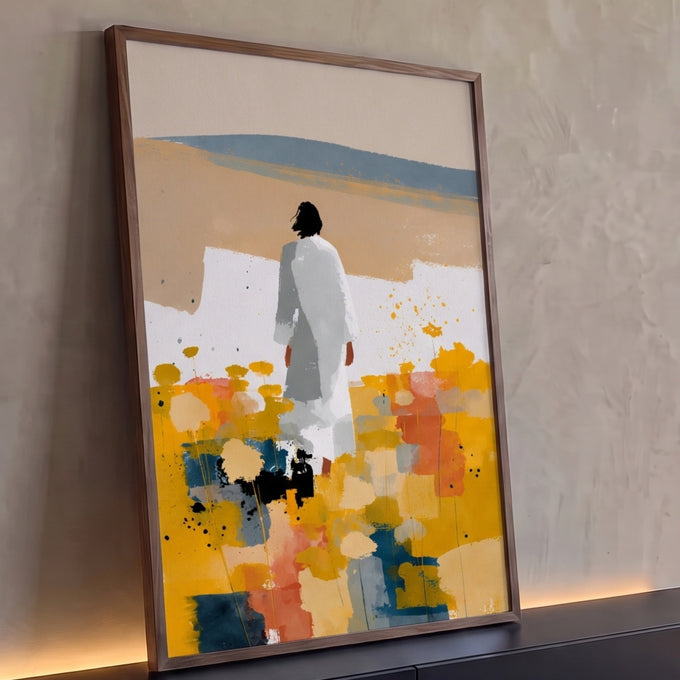Quadro Decorativo Jesus no Campo Florido Dourado | quadros decorativos para sala | mulher de vestido branco de costas em campo de flores amarelas e colinas azuis | Porao dos Quadros