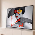 Quadro Decorativo Grande Mulher com Aves para Sala Preto | quadros decorativos para sala | mulher em preto e branco com aves de bicos e patas vermelhas sobre o rosto e ombro | Porao dos Quadros