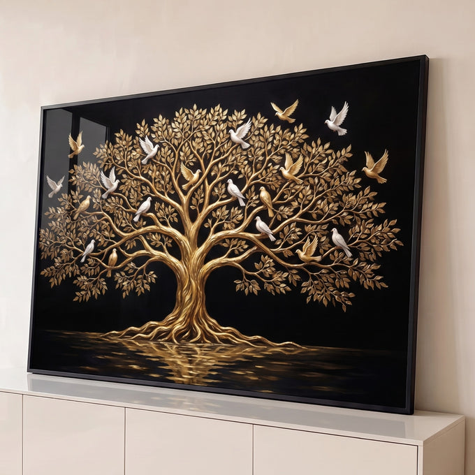 Quadro Decorativo Grande Árvore Dourada para Sala Preto | quadros decorativos para sala | árvore dourada com pombas brancas voando sobre fundo preto | Porao dos Quadros