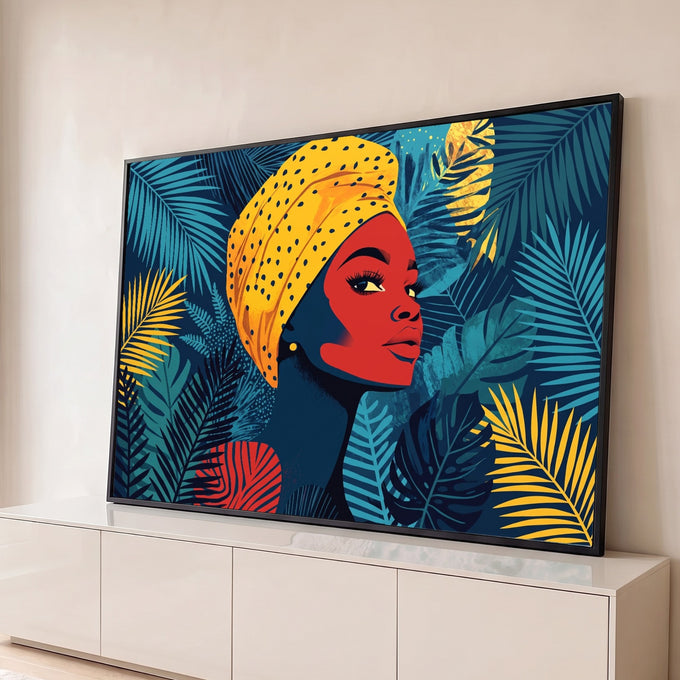 Quadro Decorativo Grande Mulher Africana Vermelho para Sala | quadros decorativos para sala | mulher de perfil com pele vermelha e turbante amarelo entre folhas tropicais azuis | Porao dos Quadros