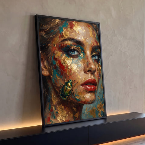 Rosto de mulher em pintura a óleo com folhas de ouro, lábios vermelhos e besouro verde, quadro decorativo