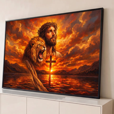 Jesus com coroa de espinhos, leão rugindo e cruz sobre lago ao pôr do sol laranja, quadro decorativo
